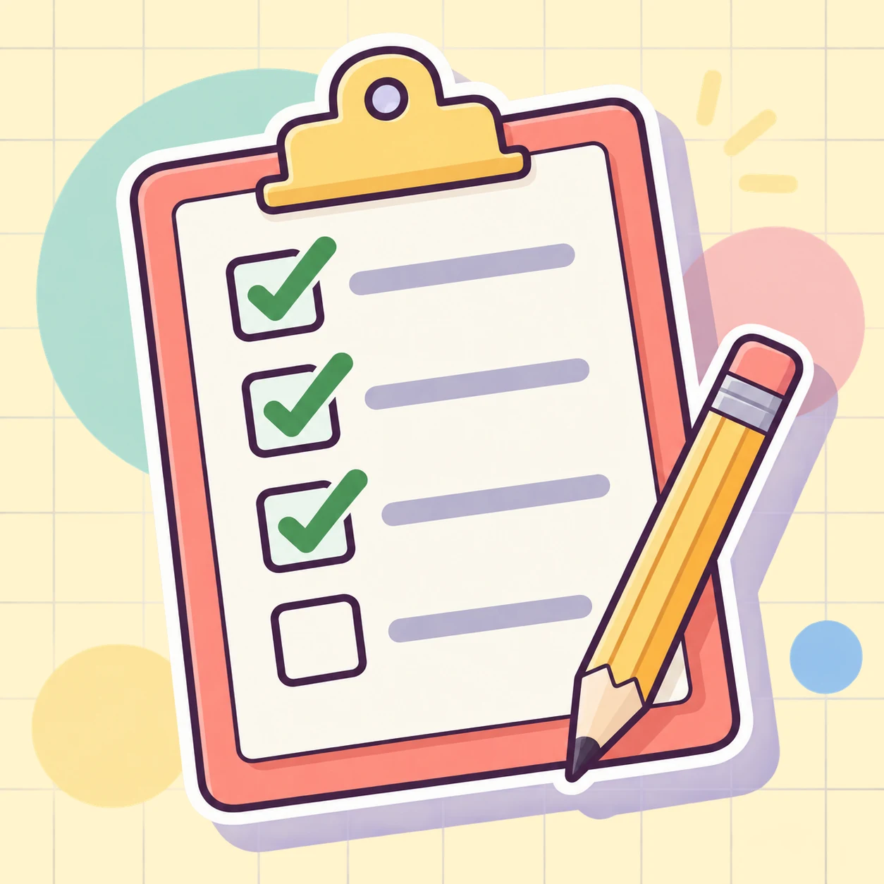 Pastel illustration of a checklist with three completed steps and a pencil