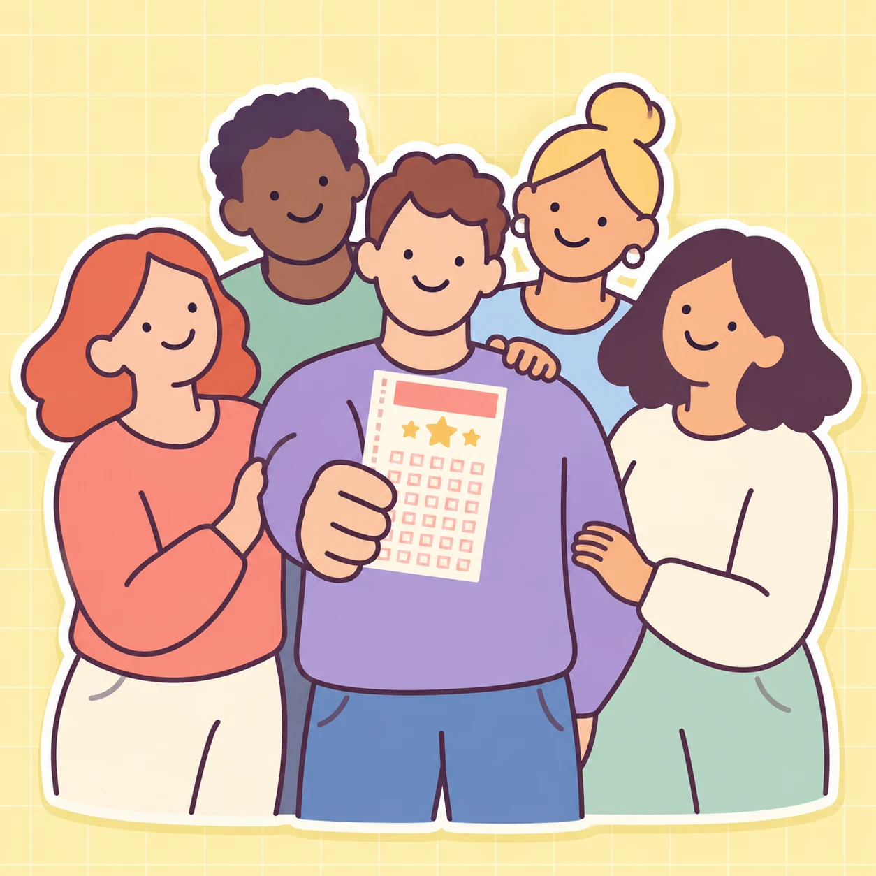 Pastel illustration of a group taking part in a lottery syndicate, with one person holding a ticket